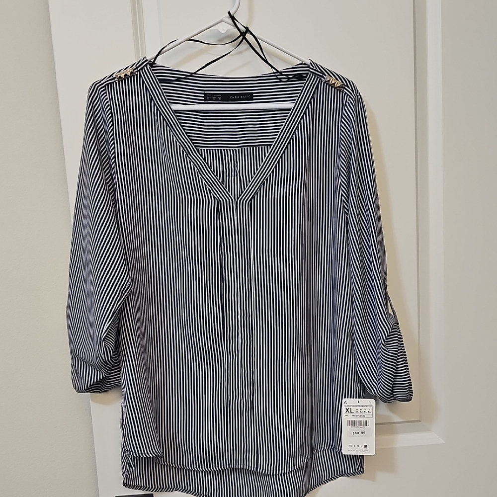 NWT Zara Navy and White Striped Blouse, Size XL